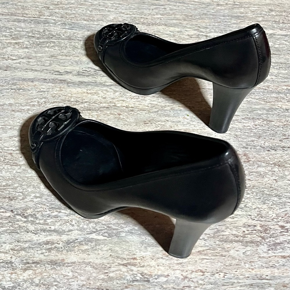 Tory Burch Austin Dark Brown Calista Logo Cone Heels with Signature Medallion - Picture 16 of 17